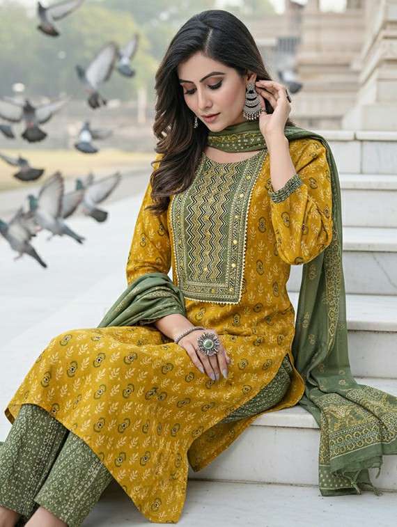 women  self design mustard suit set - 22453953 -  Standard Image - 5