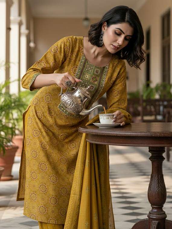 women self design mustard suit set - 22453955 -  Standard Image - 5