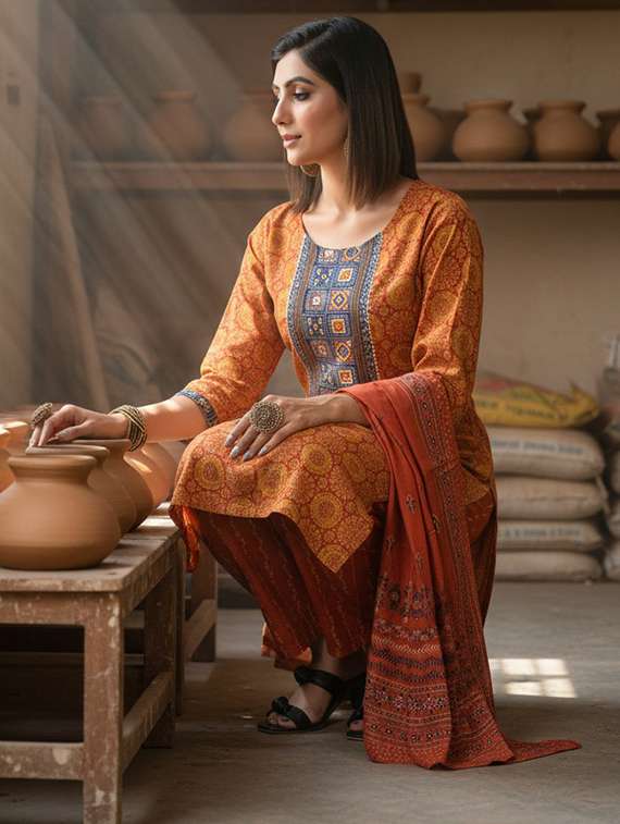 women self design rust suit set - 22453956 -  Standard Image - 5