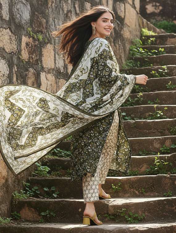 Women Floral Olive Suit Set - 22453971 -  Standard Image - 3