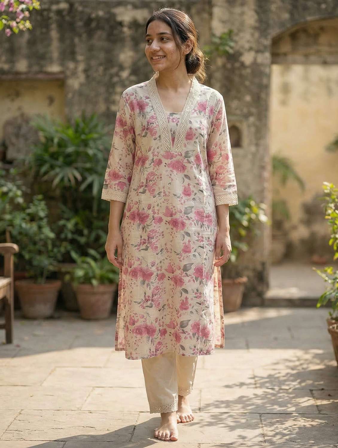 women pink kurta pant set