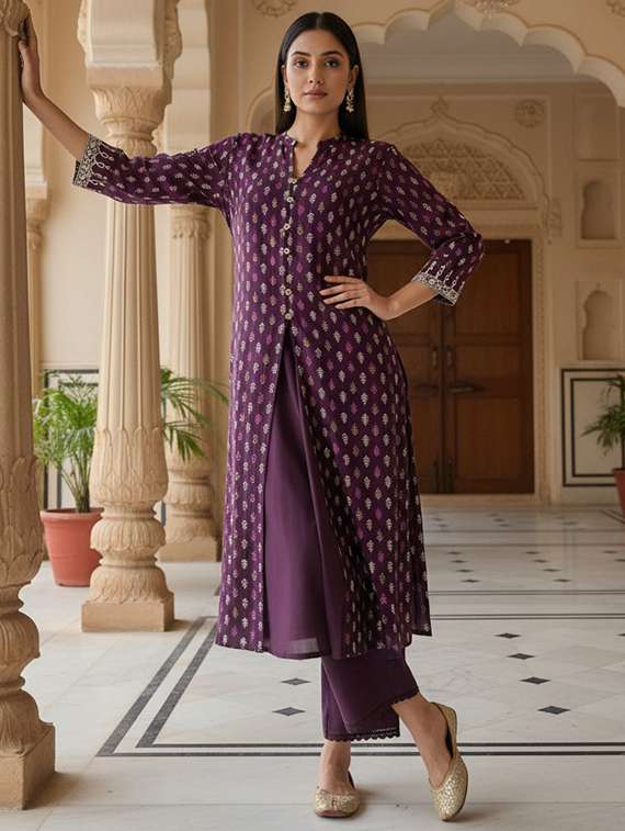 women burgundy kurta pant set