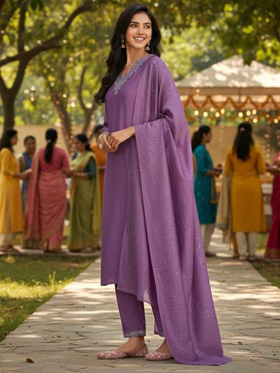 women self design purple suit set - 22454004 -  Standard Image - 3