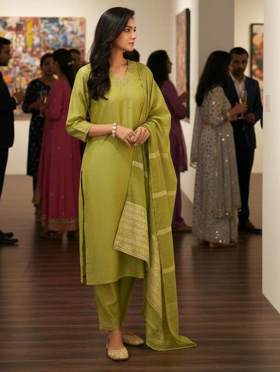 women self design green suit set - 22454006 -  Standard Image - 3