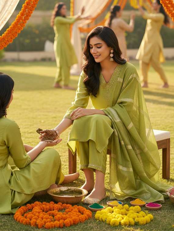 women self design green suit set - 22454006 -  Standard Image - 5