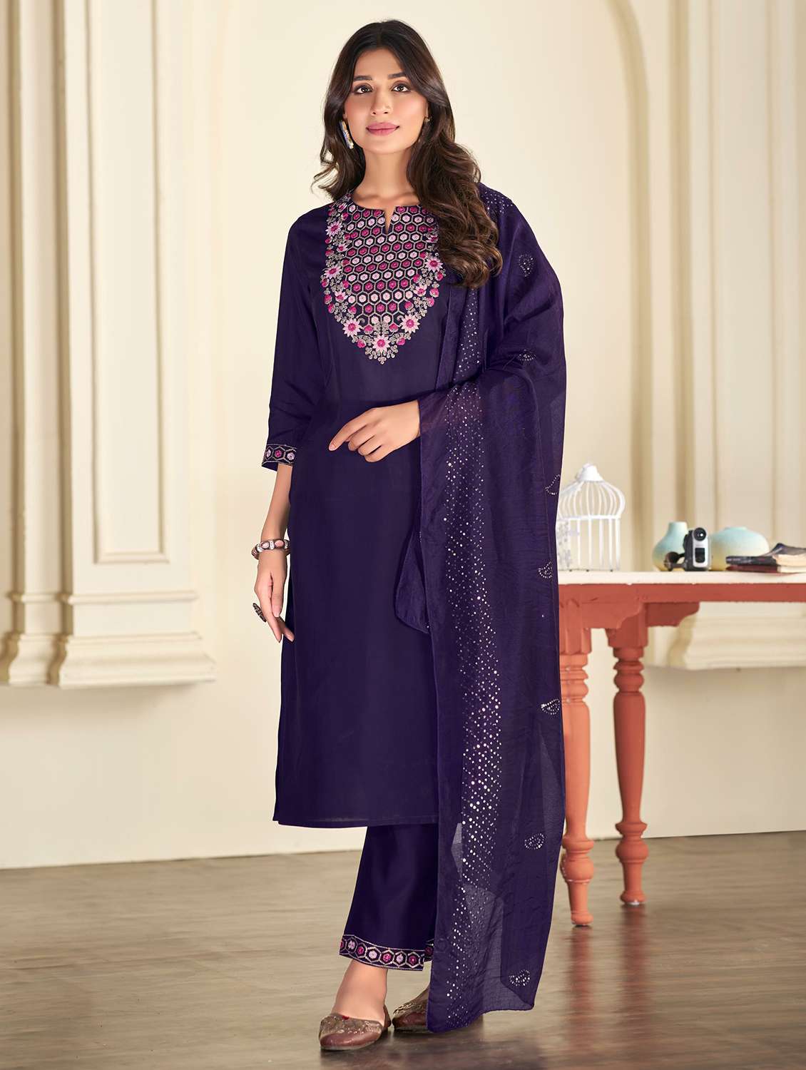 women purple chanderi embroidered suit set festive wear