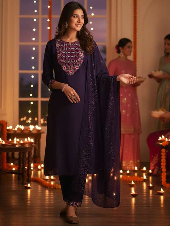 women purple chanderi embroidered suit set festive wear - 22454020 -  Standard Image - 3