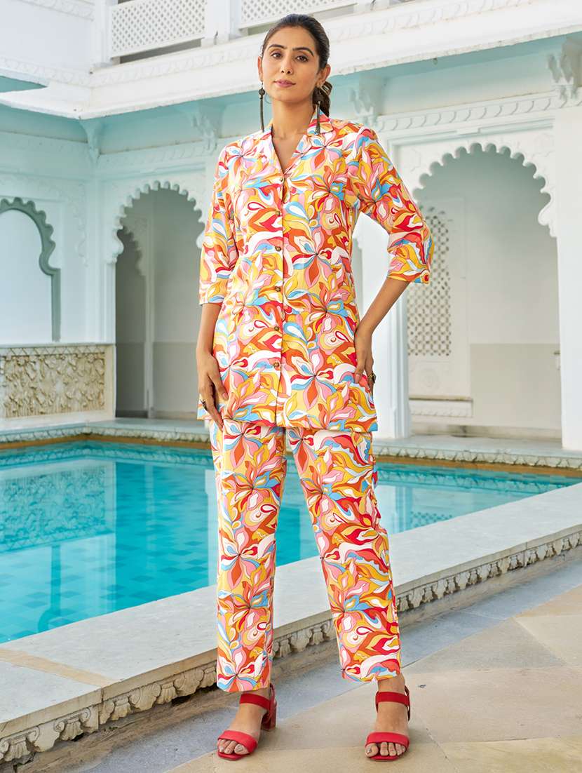 women floral three quarter sleeve ethnic co-ord set