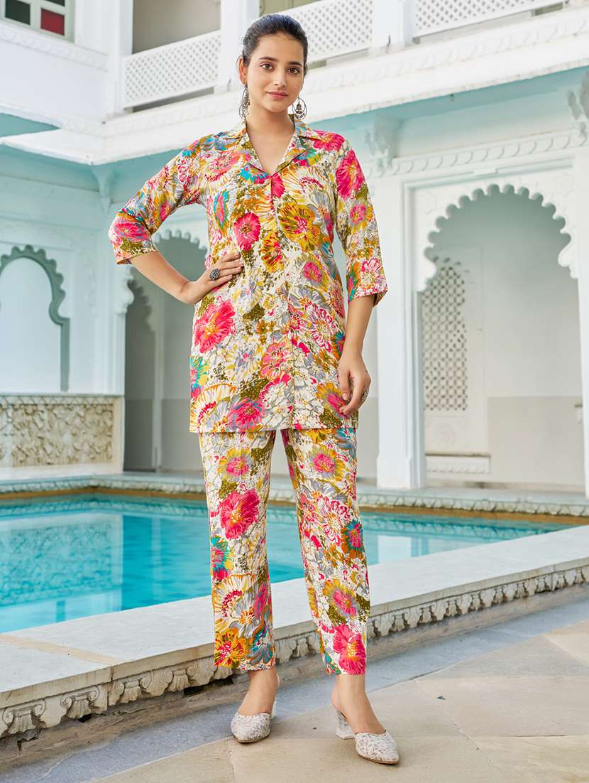 women floral three quarter sleeve ethnic co-ord set