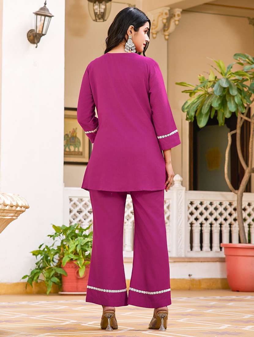 women solid with work three quarter sleeve ethnic co-ord set - 22454051 -  Standard Image - 3