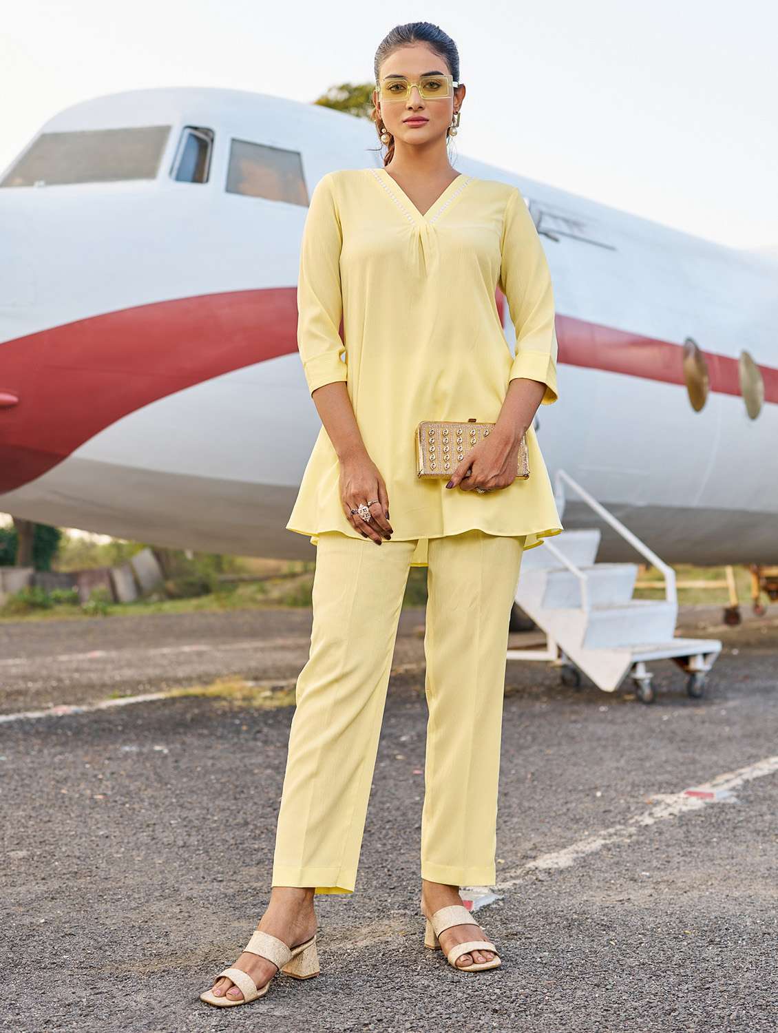 women solid three quarter sleeve ethnic co-ord set