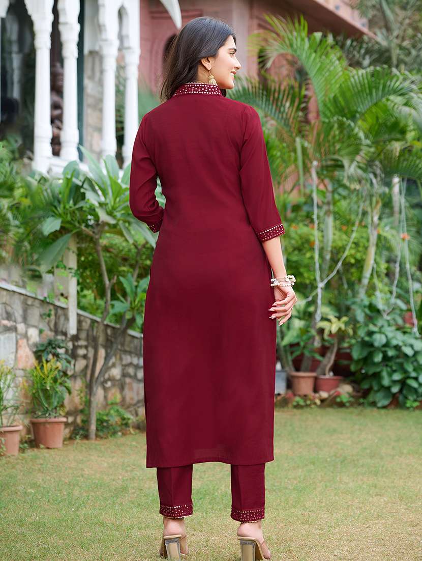 women solid with work three quarter sleeve kurta pant with dupatta set - 22454137 -  Standard Image - 3