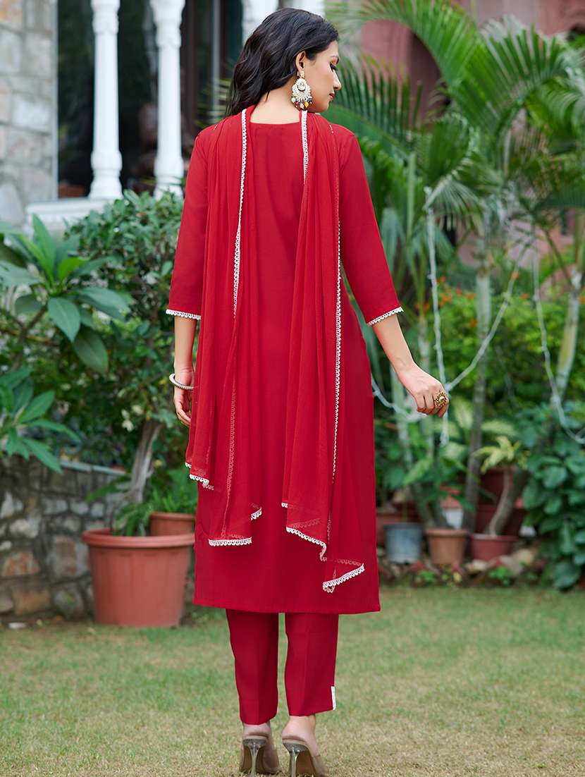women solid with work three quarter sleeve kurta pant with dupatta set - 22454139 -  Standard Image - 3