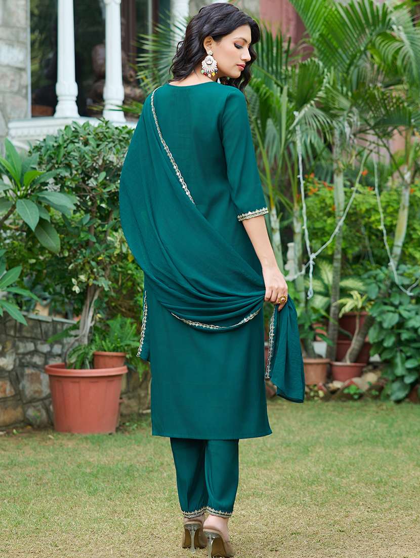 women solid with work three quarter sleeve kurta pant with dupatta set - 22454140 -  Standard Image - 3
