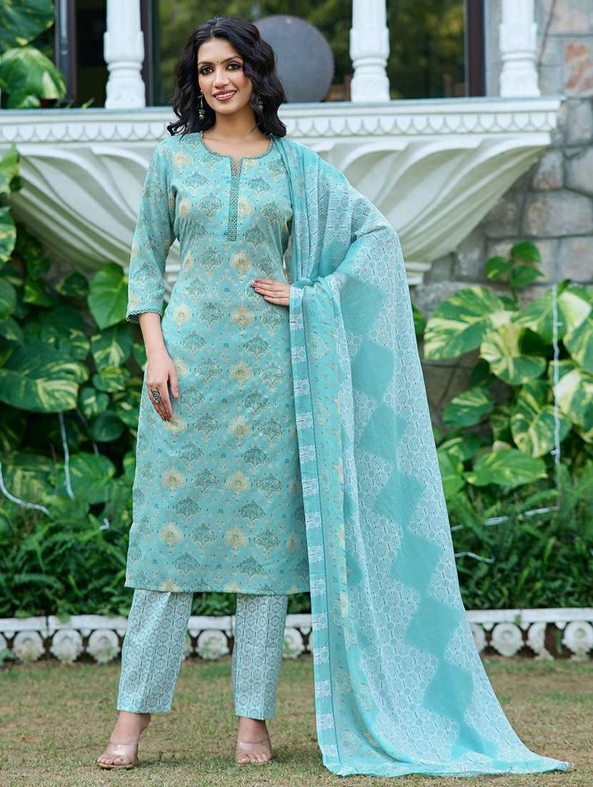 women printed three quarter sleeve kurta pant with dupatta set