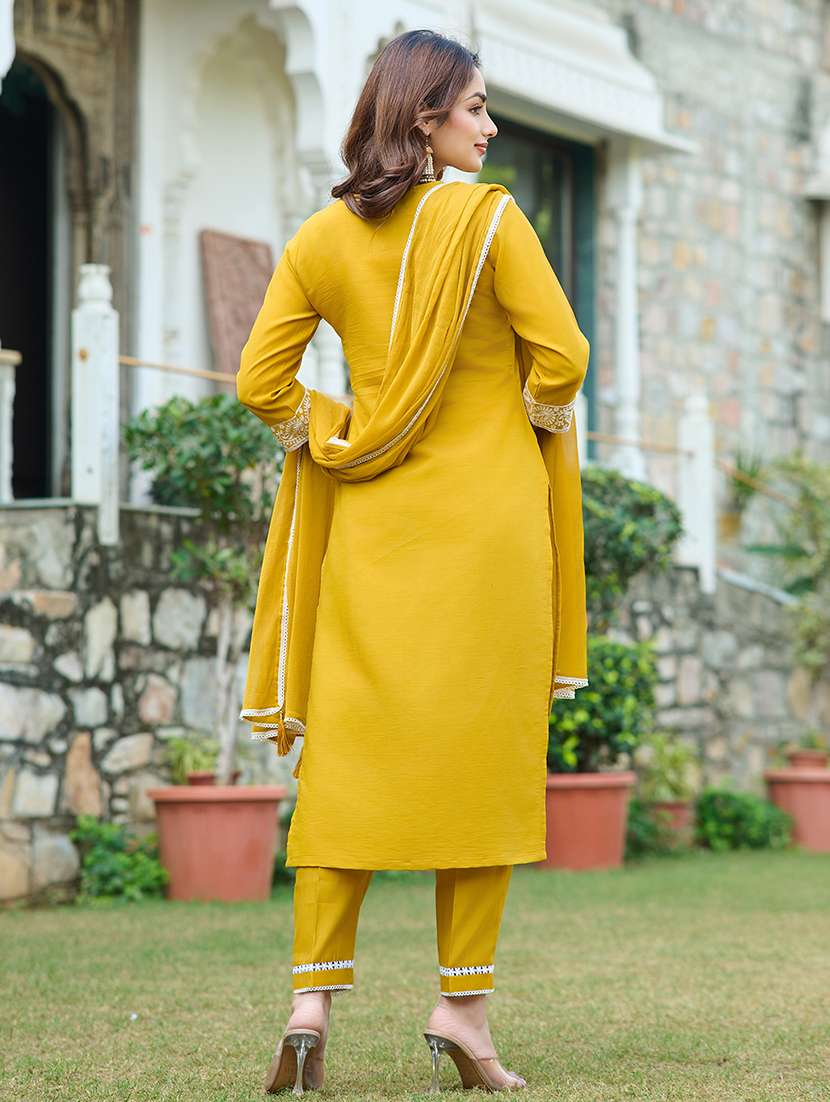 women solid with work three quarter sleeve kurta pant with dupatta set - 22454152 -  Standard Image - 3