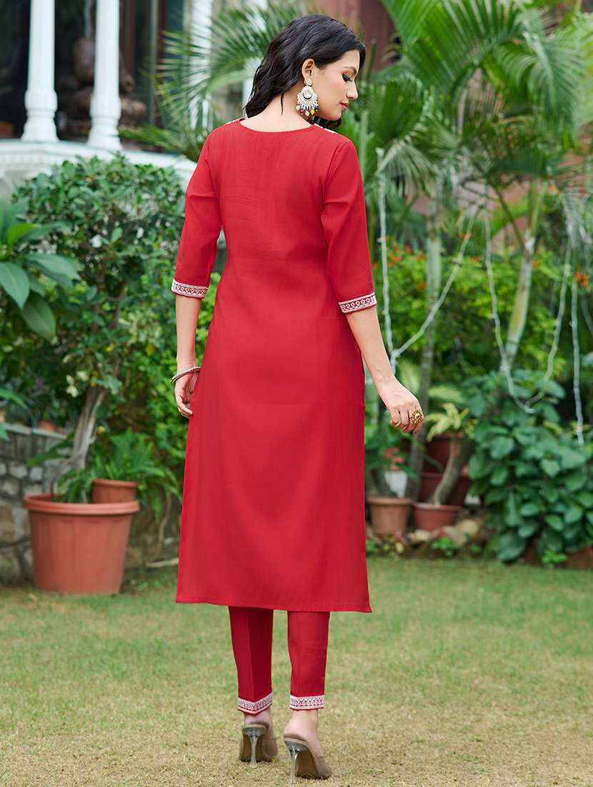 Women Solid With Work Three Quarter Sleeve Kurta Pant With Dupatta Set - 22454158 -  Standard Image - 3