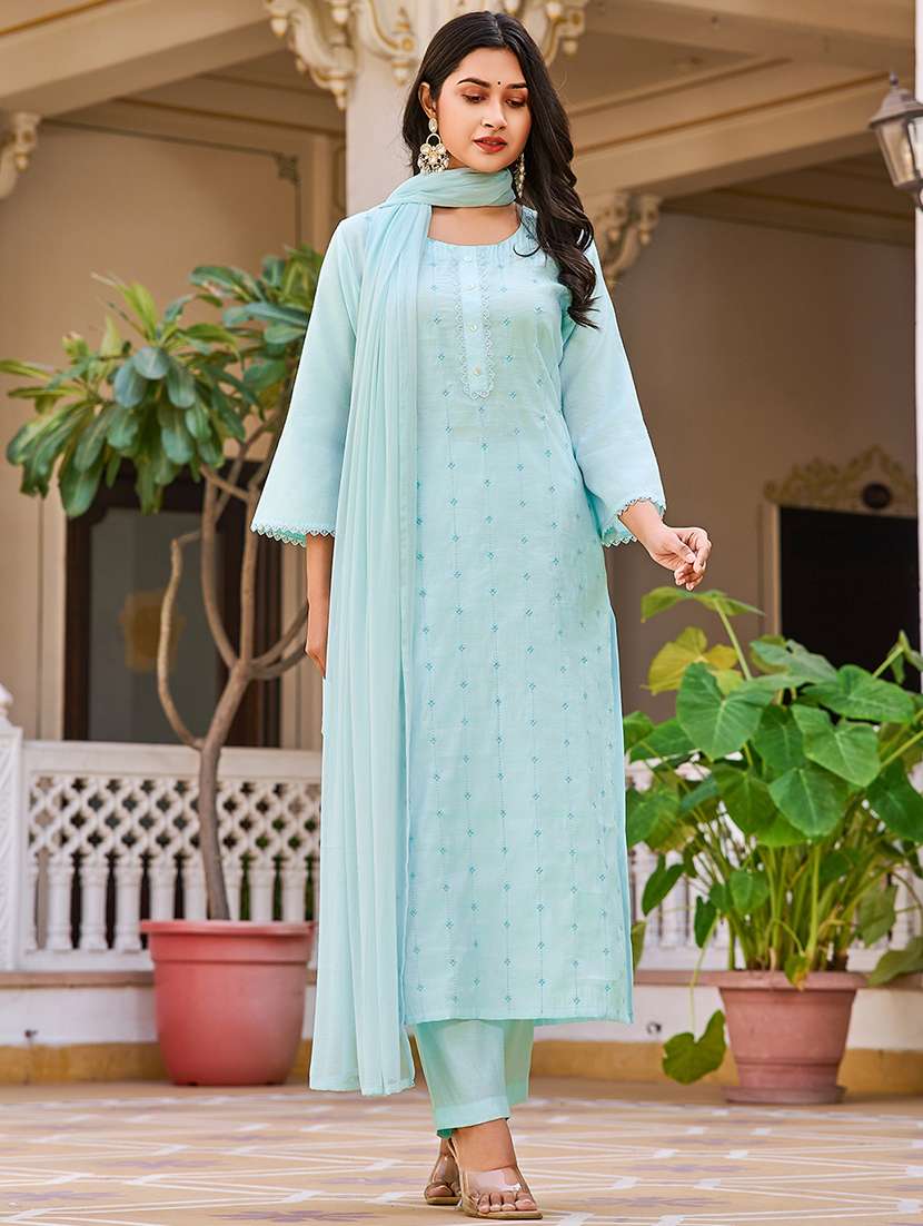 women solid with work three quarter sleeve kurta pant with dupatta set