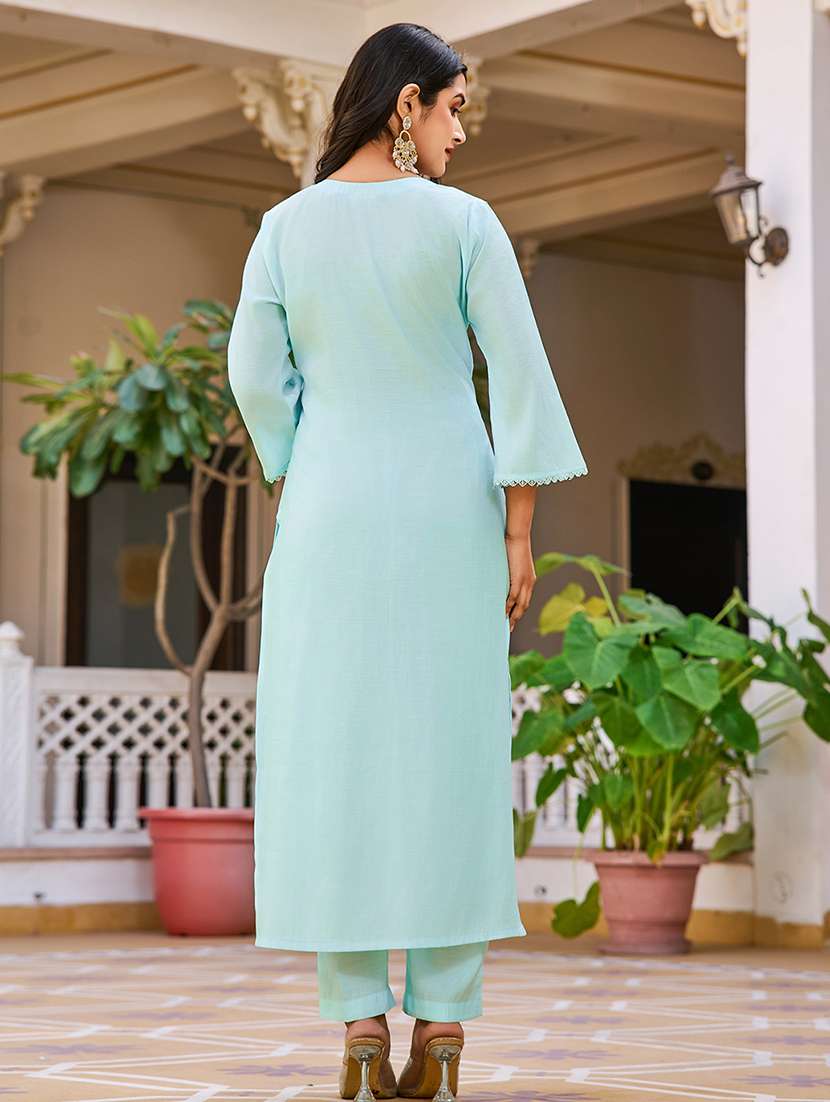 women solid with work three quarter sleeve kurta pant with dupatta set - 22454167 -  Standard Image - 3