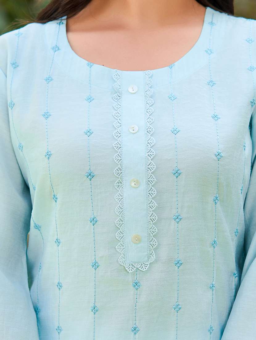 women solid with work three quarter sleeve kurta pant with dupatta set - 22454167 -  Standard Image - 5