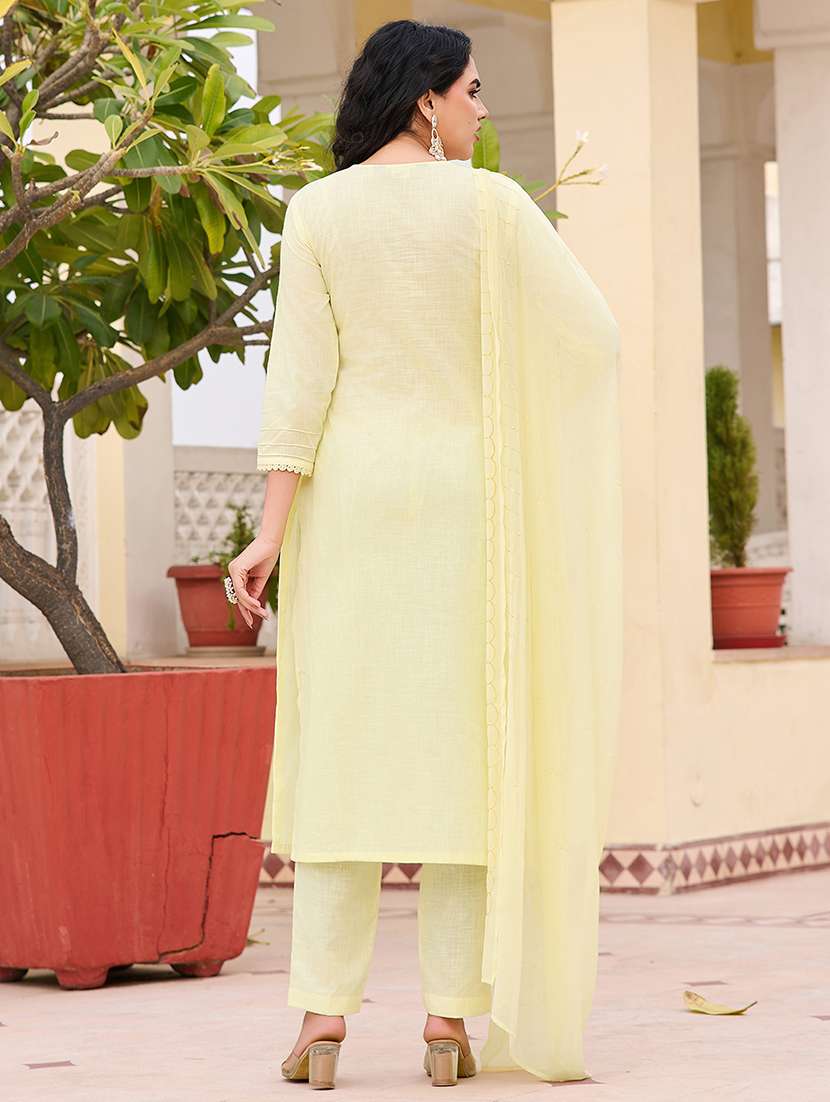 women solid with work three quarter sleeve kurta pant with dupatta set - 22454178 -  Standard Image - 3