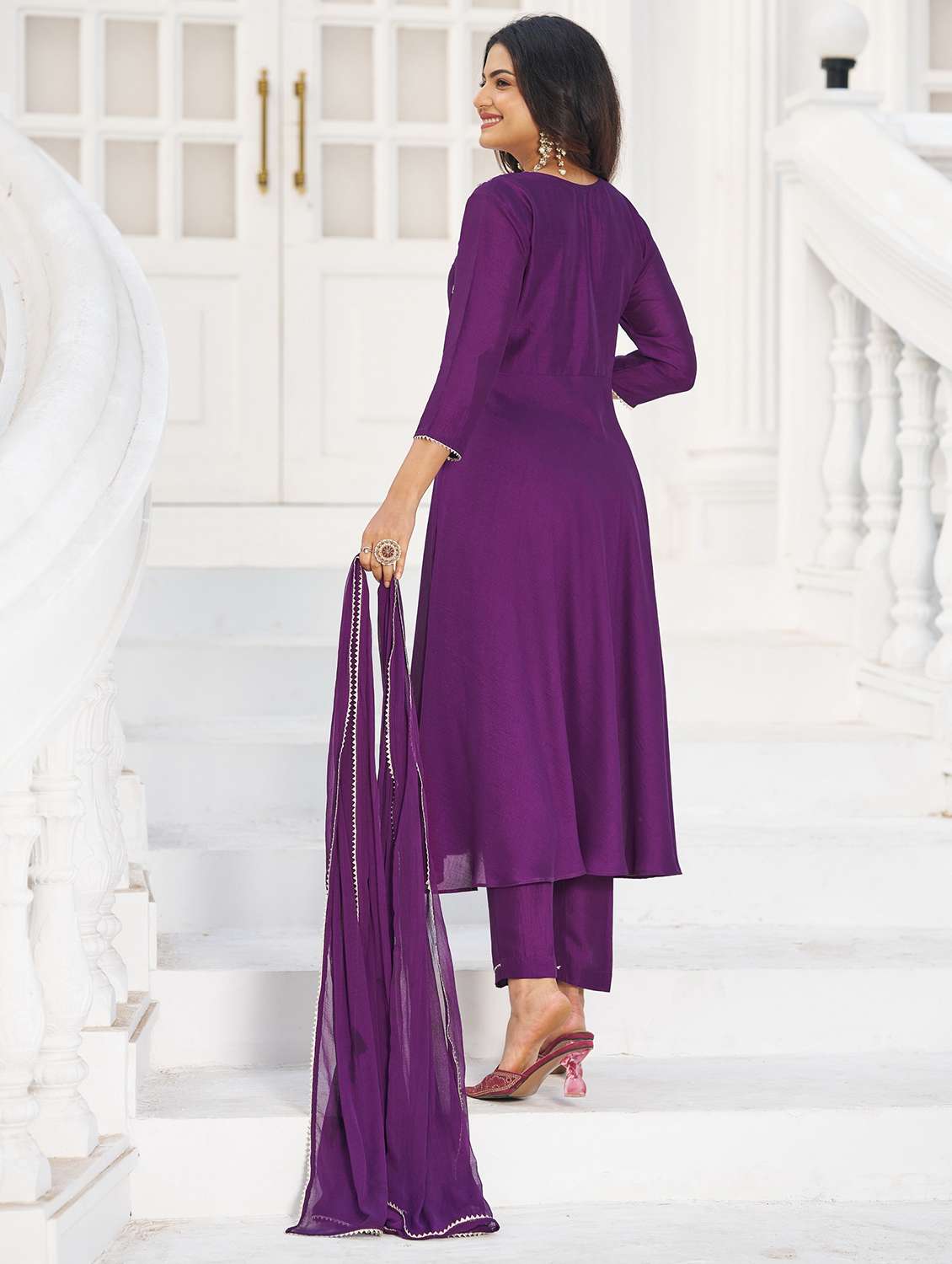 women solid with work three quarter sleeve kurta pant with dupatta set - 22454193 -  Standard Image - 3