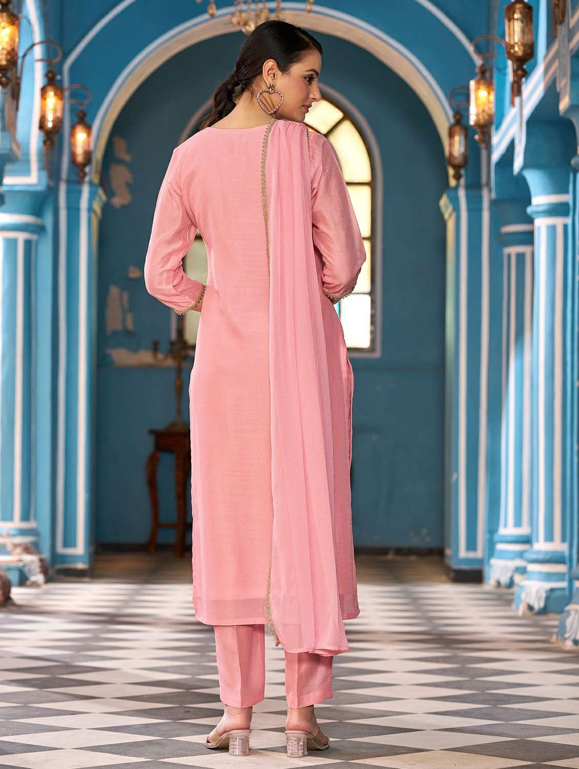 women solid with work three quarter sleeve kurta pant with dupatta set - 22454214 -  Standard Image - 3