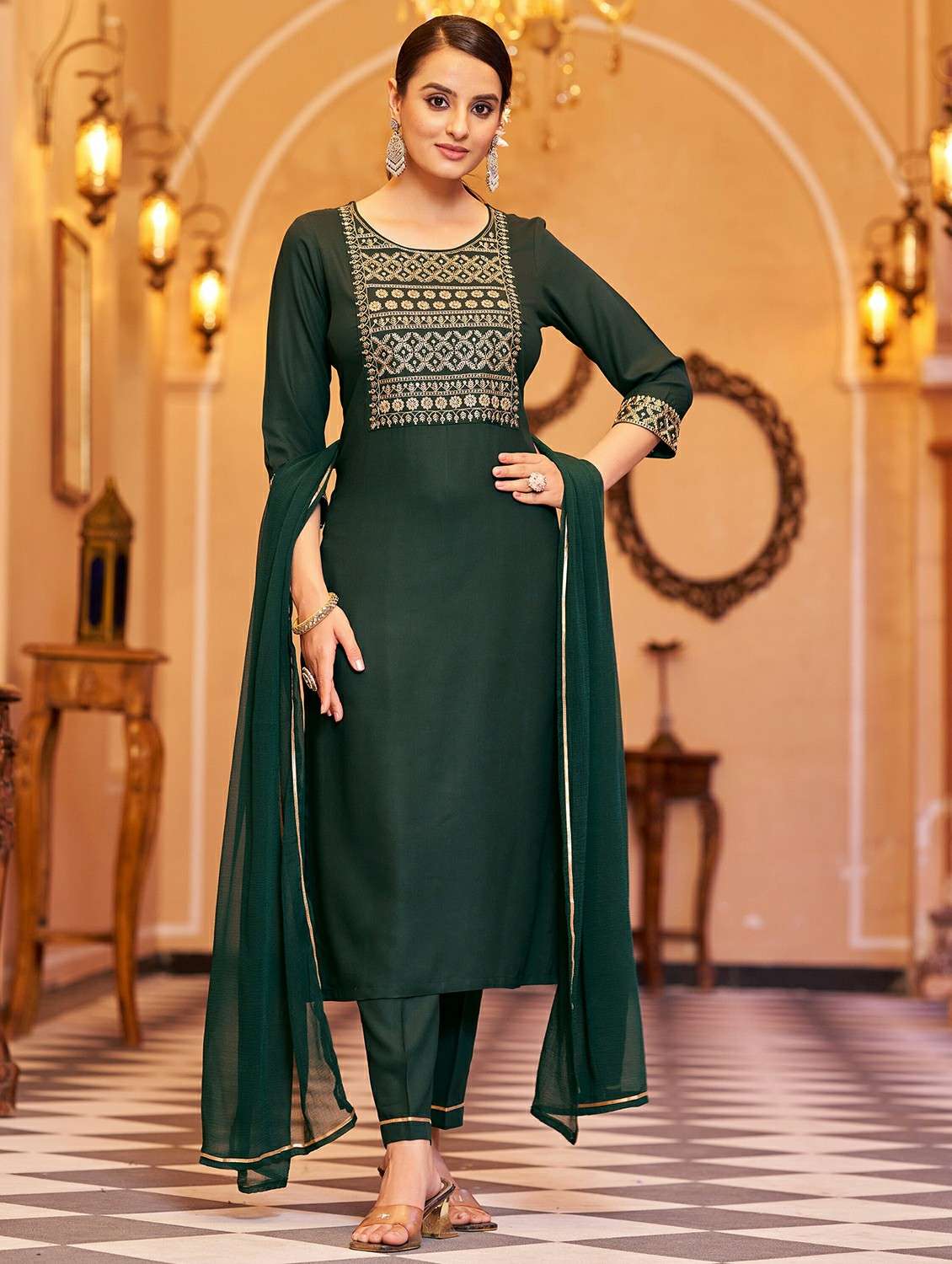 women solid with work three quarter sleeve kurta pant with dupatta set
