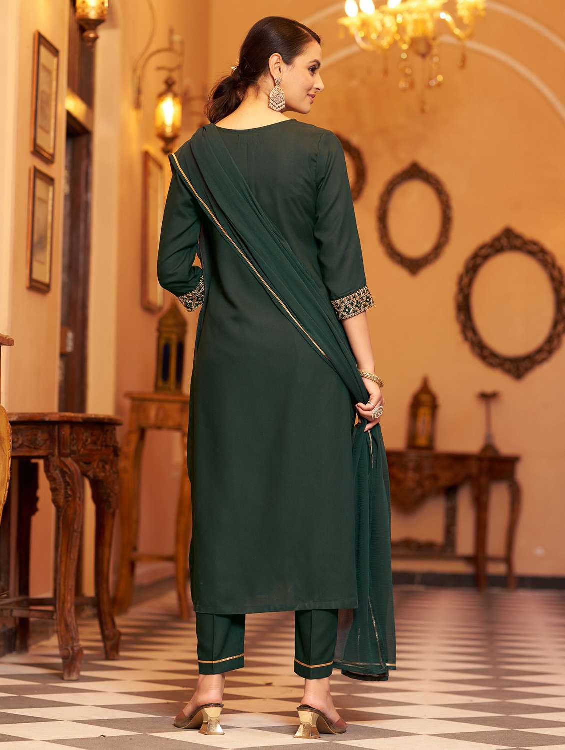 Women Solid With Work Three Quarter Sleeve Kurta Pant With Dupatta Set - 22454216 -  Standard Image - 3