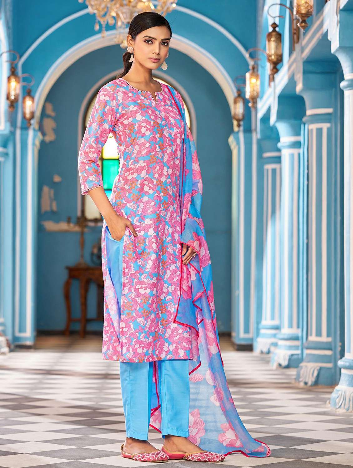 women printed three quarter sleeve kurta pant with dupatta set - 22454231 -  Standard Image - 3