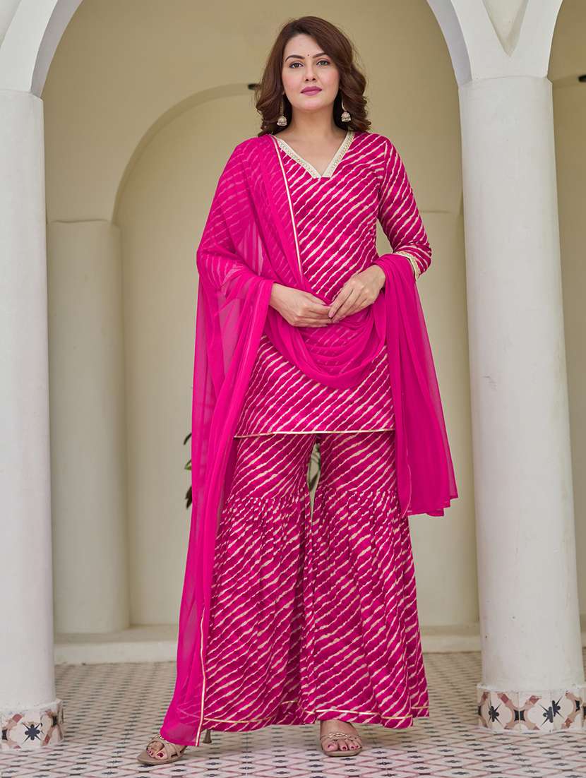 women leheriya three quarter sleeve kurta sharara with dupatta set