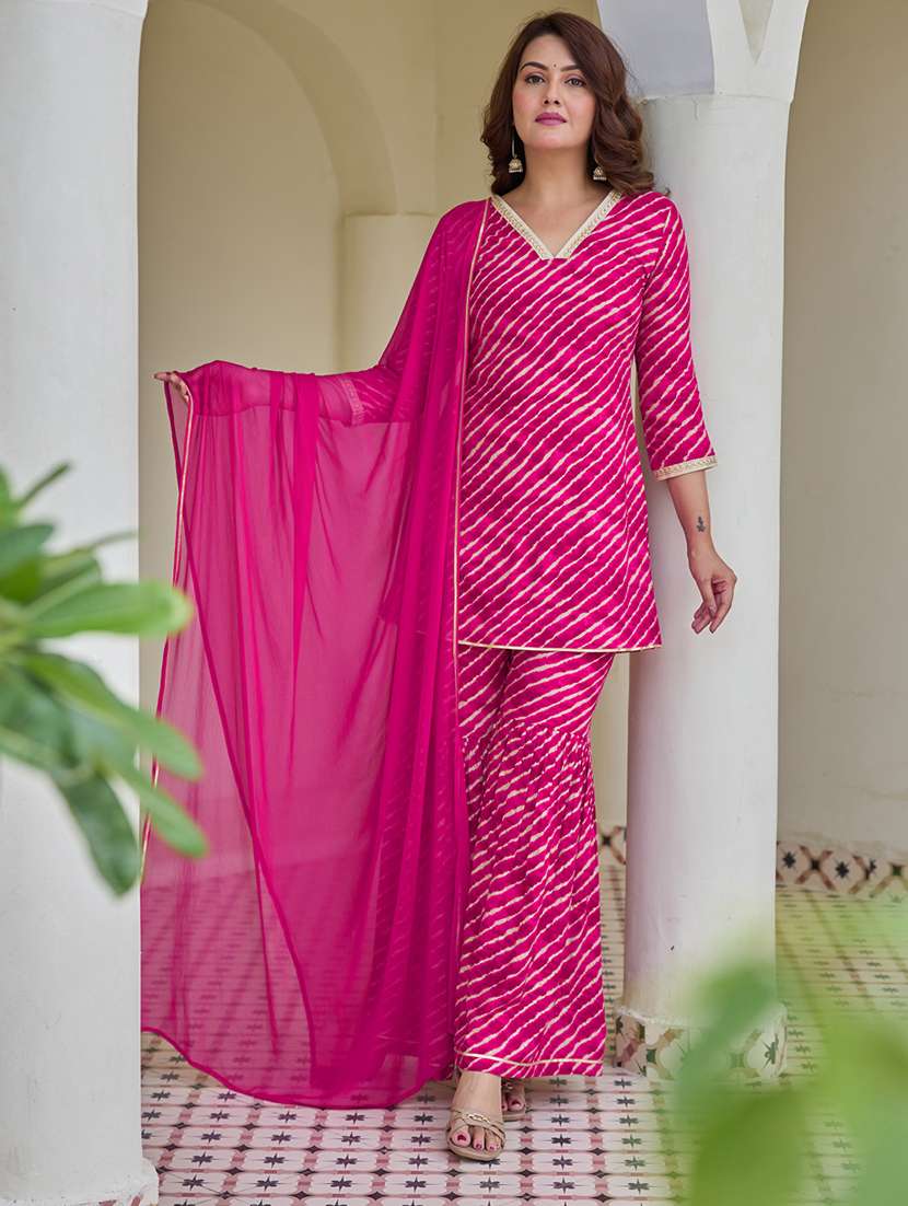 women leheriya three quarter sleeve kurta sharara with dupatta set - 22454291 -  Standard Image - 3