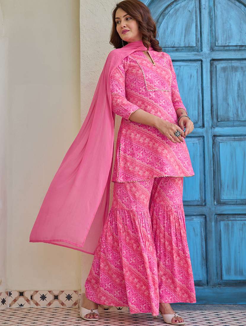 women printed three quarter sleeve kurta sharara with dupatta set - 22454293 -  Standard Image - 3