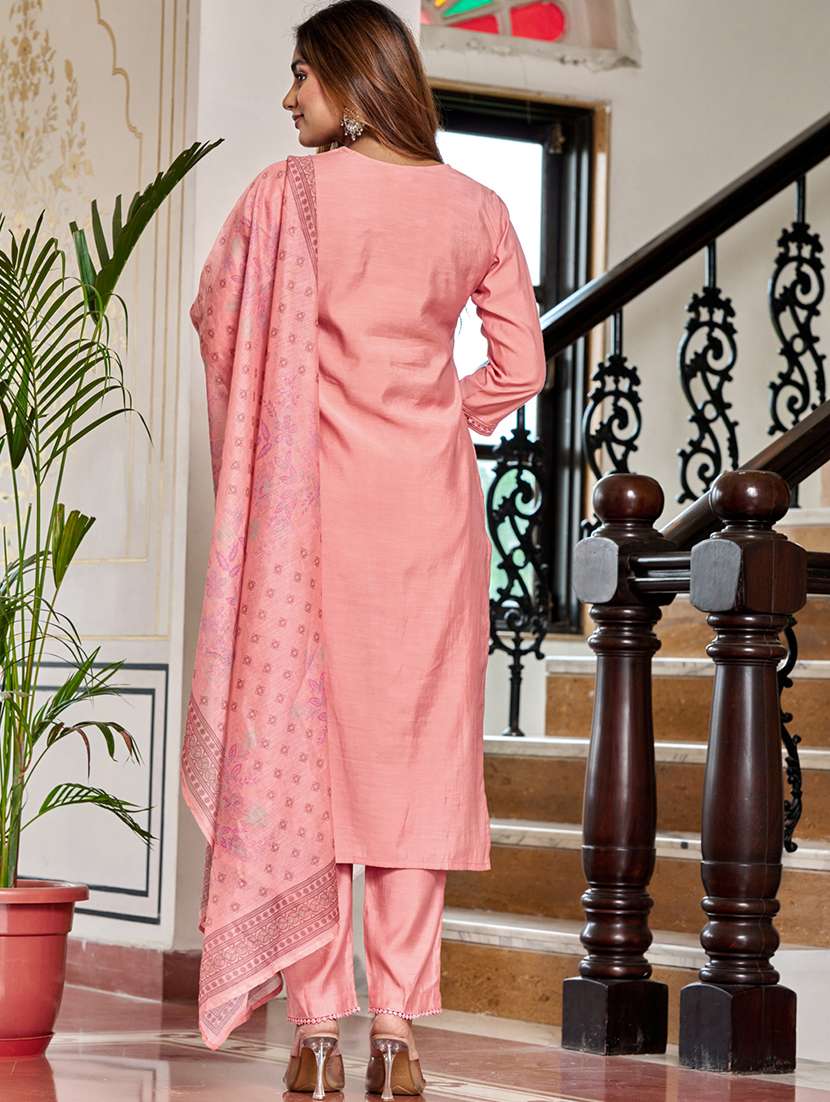 women solid with work three quarter sleeve kurta pant with dupatta set - 22454343 -  Standard Image - 3