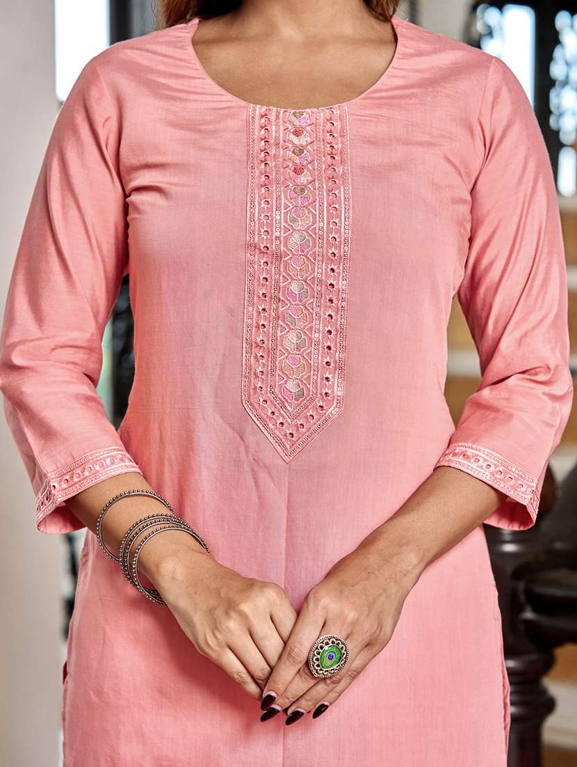 women solid with work three quarter sleeve kurta pant with dupatta set - 22454343 -  Standard Image - 5