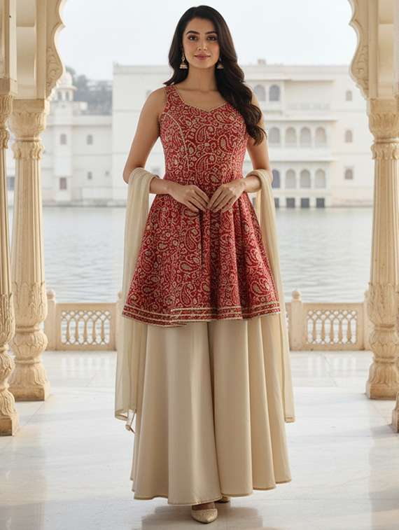 women printed sleeveless kurta palazzo with dupatta set