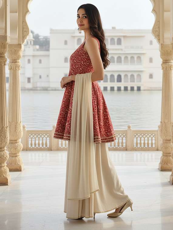 women printed sleeveless kurta palazzo with dupatta set - 22454346 -  Standard Image - 3