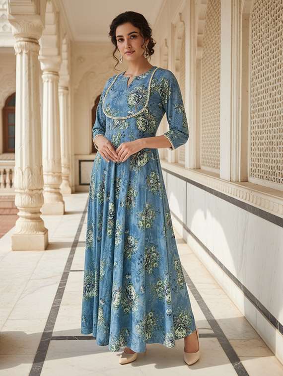 women floral a-line viscose dress three quarter sleeves