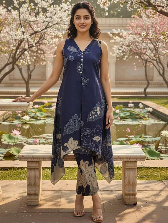 women printed sleeveless kurta pant set