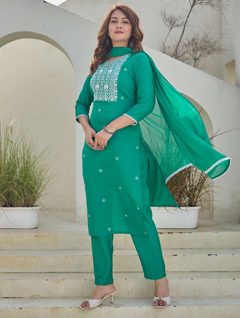 women solid with work three quarter sleeve kurta pant with dupatta set - 22454355 -  Standard Image - 3