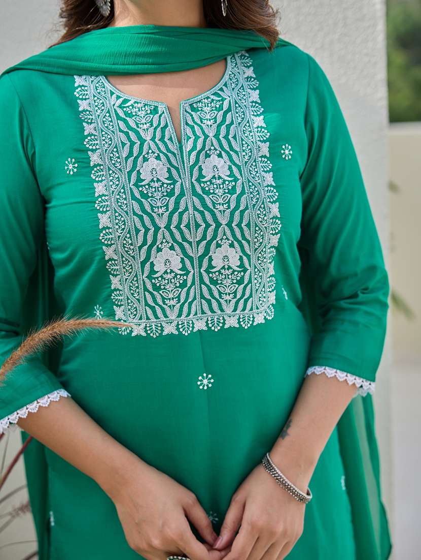 women solid with work three quarter sleeve kurta pant with dupatta set - 22454355 -  Standard Image - 5