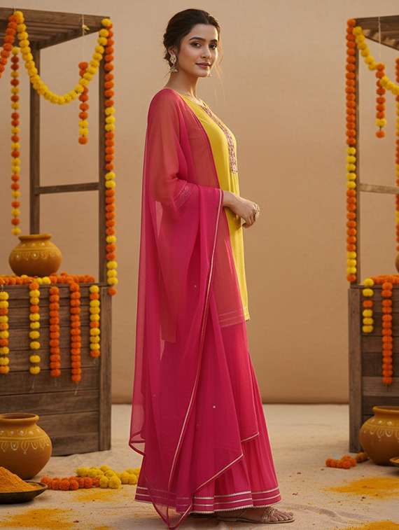 women solid with work three quarter sleeve kurta sharara with dupatta set - 22454357 -  Standard Image - 3