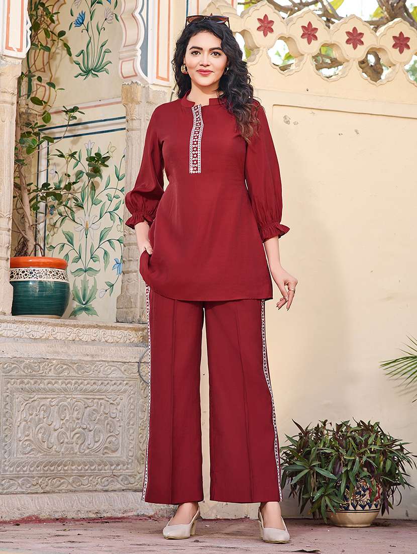 women solid with work three quarter sleeve ethnic co-ord set