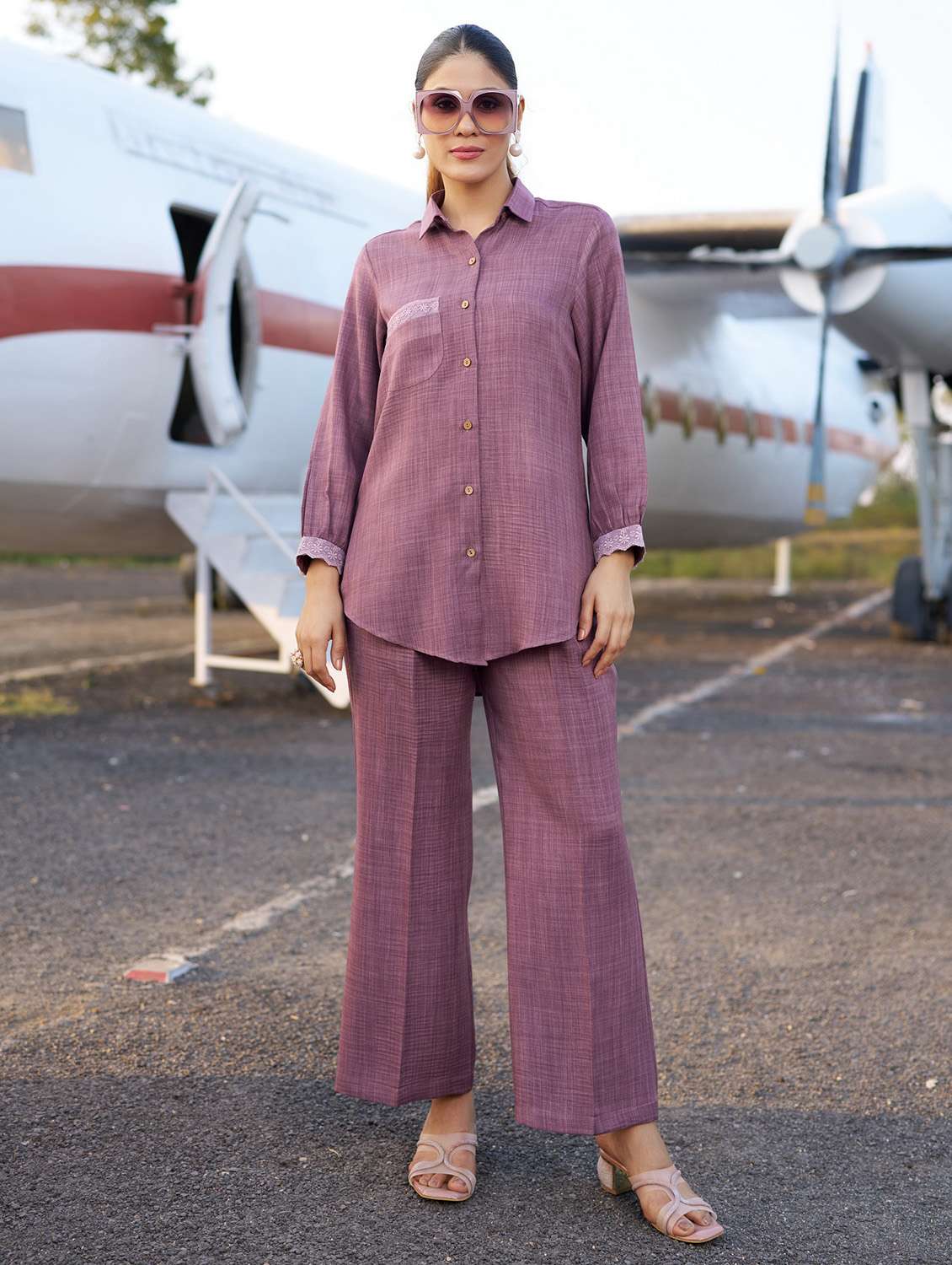 women self design long sleeve shirt & trouser co-ord set