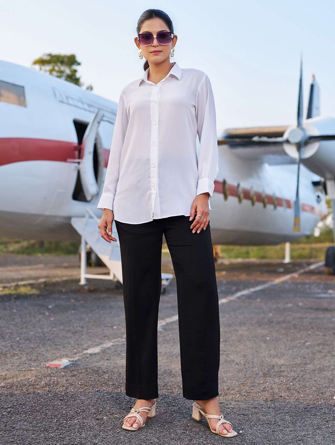 women solid long sleeve shirt & trouser co-ord set