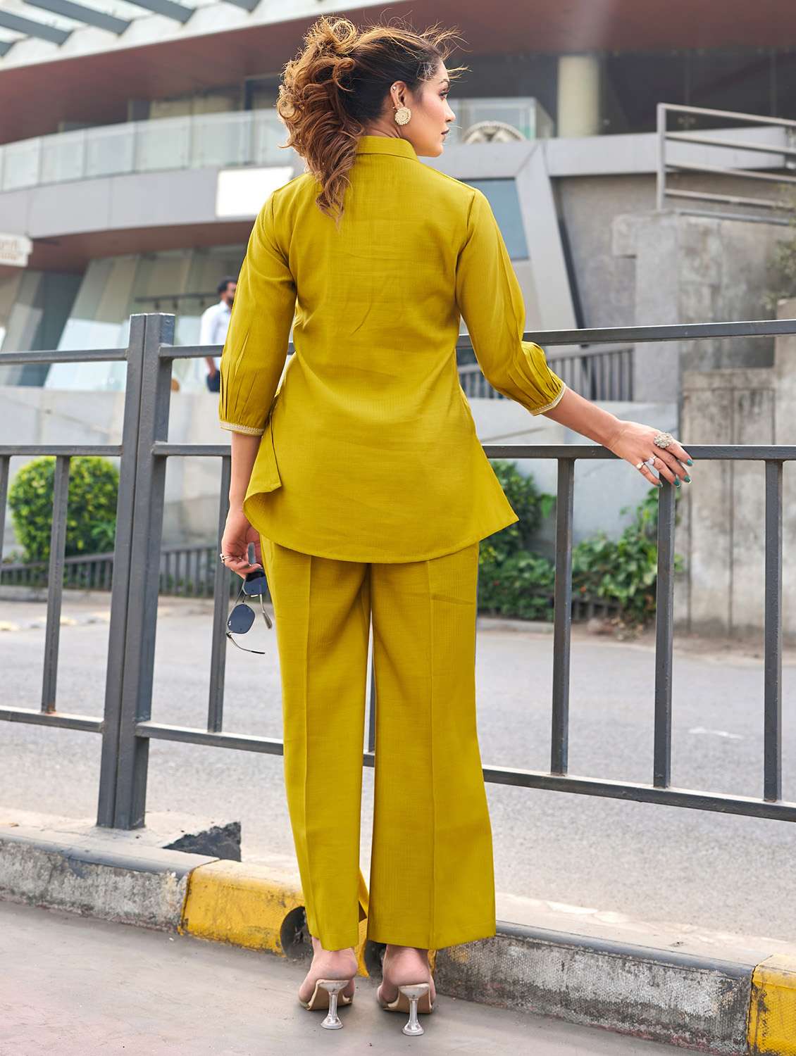 women solid with work three quarter sleeve ethnic co-ord set - 22454399 -  Standard Image - 3