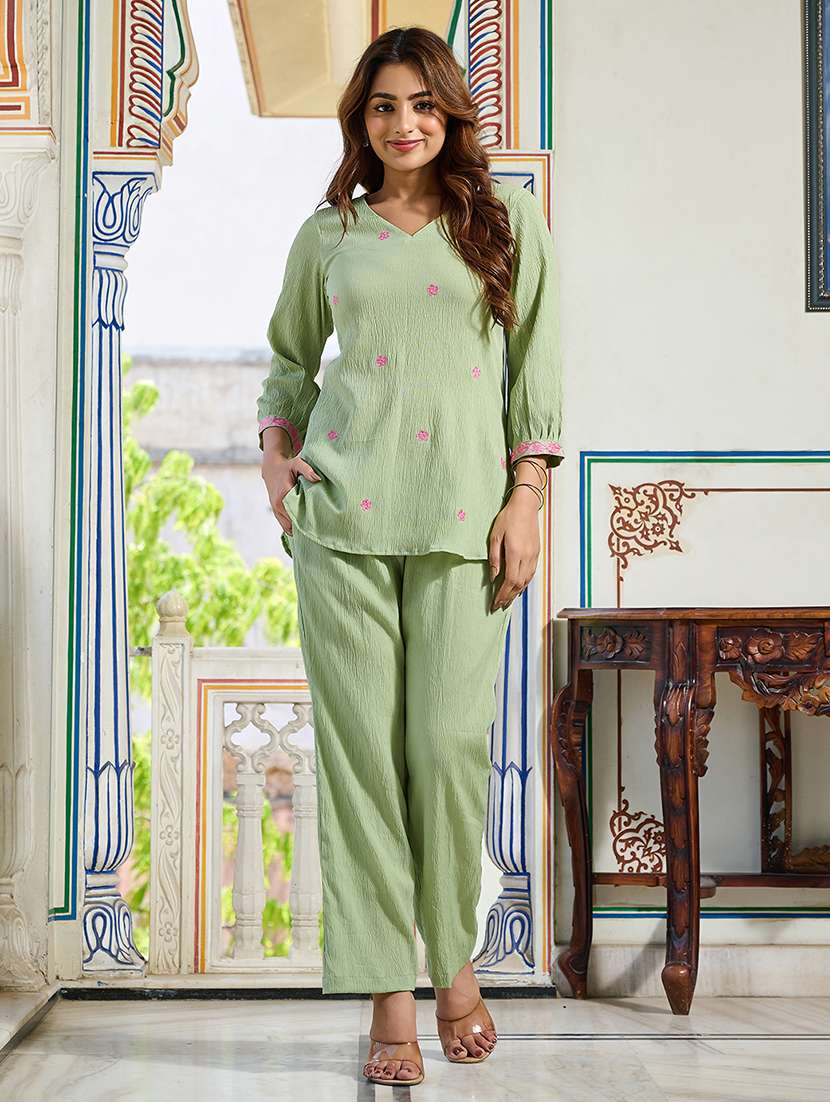 women solid with work three quarter sleeve ethnic co-ord set