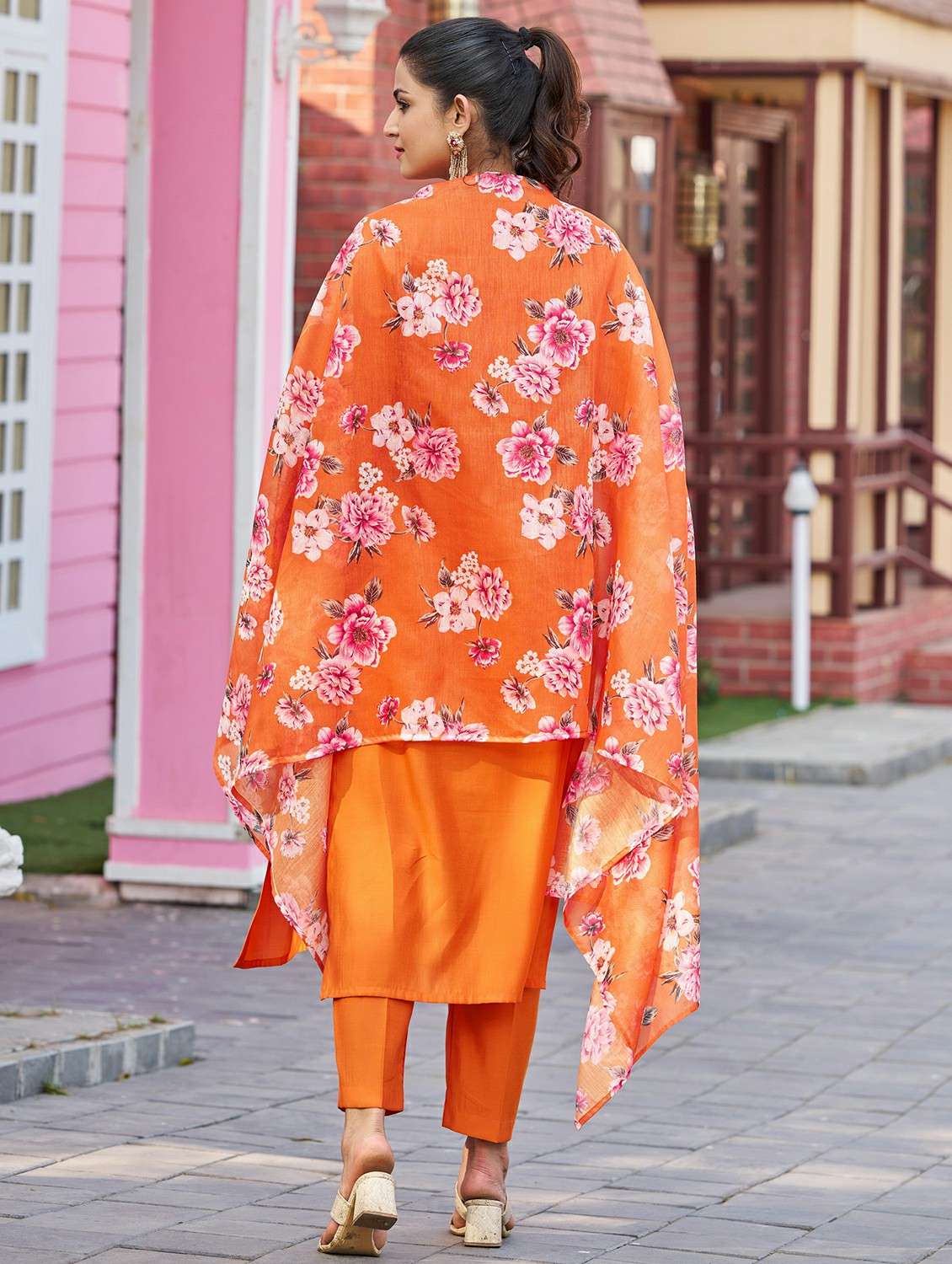 women solid with work three quarter sleeve kurta pant with dupatta set - 22454448 -  Standard Image - 3