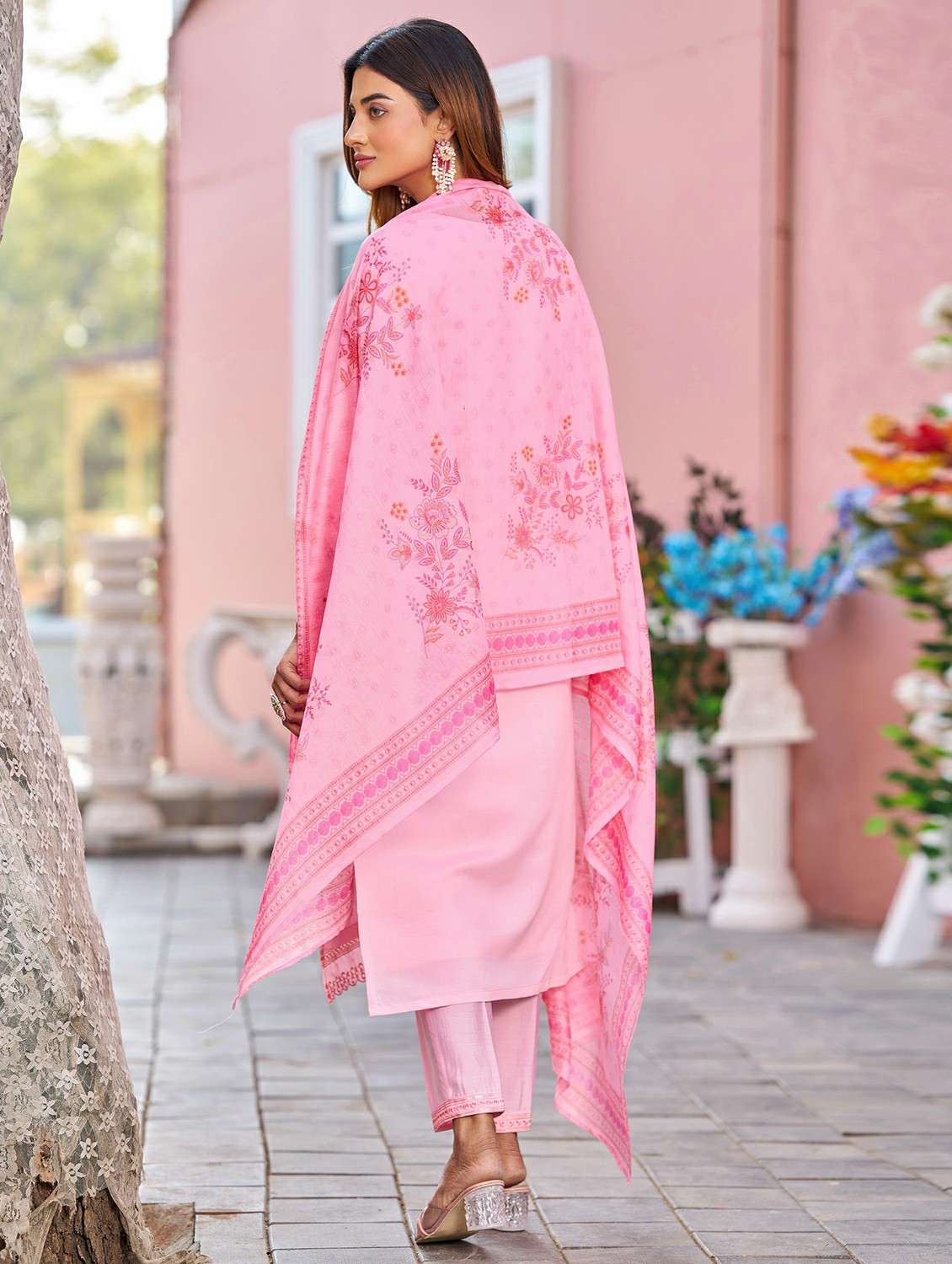 women solid with work three quarter sleeve kurta pant with dupatta set - 22454449 -  Standard Image - 3