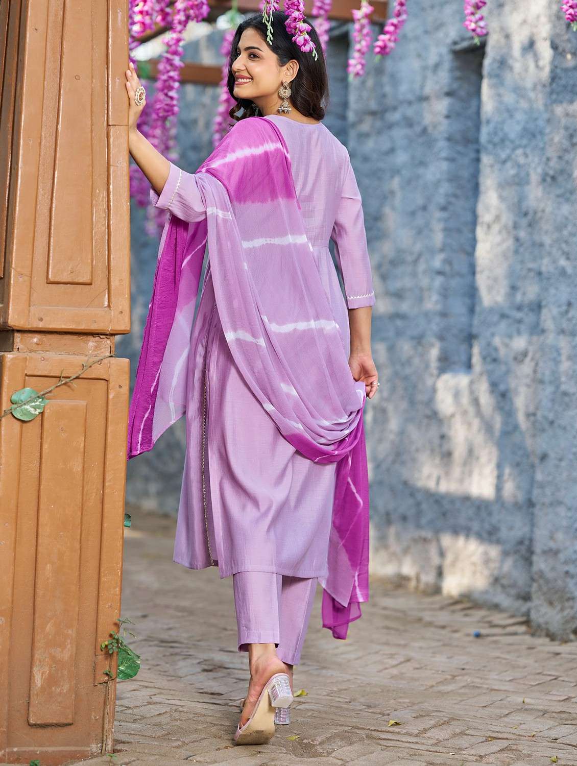 women solid with work three quarter sleeve kurta pant with dupatta set - 22454456 -  Standard Image - 3